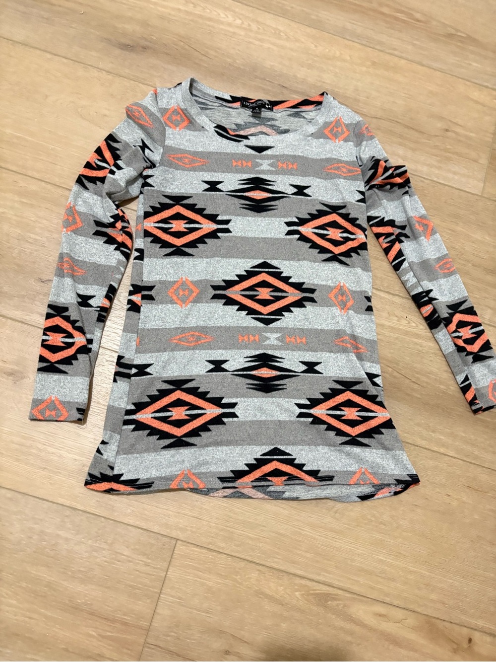 living doll Gray Tunic with Black & Coral Aztec Motif